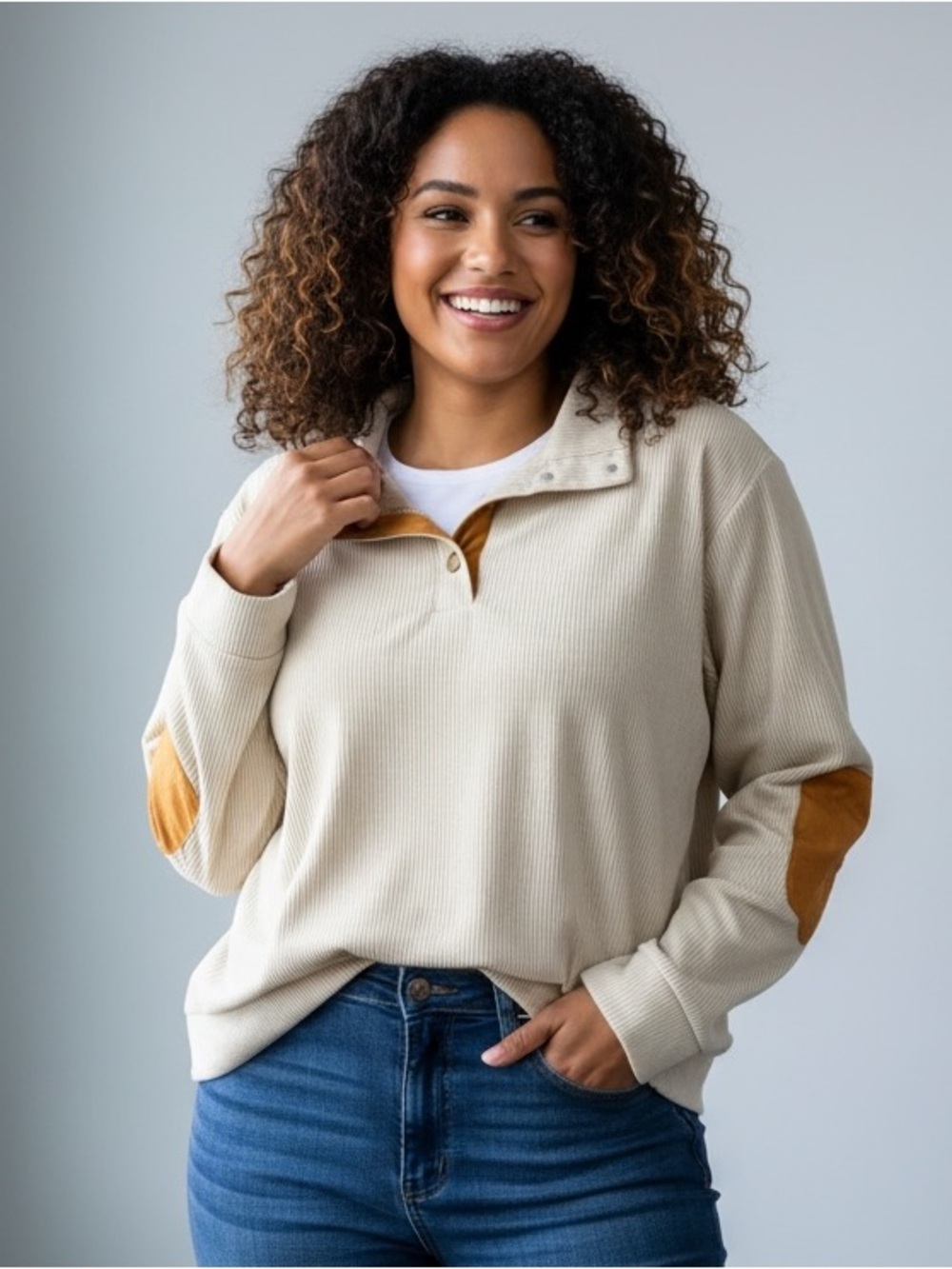 Women's Cream Corduroy Long-Sleeve Pullover with Tan Elbow Patch